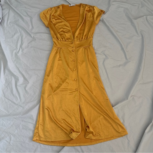Zara Mustard Satin Deep V Neck Midi Dress - Picture 2 of 3